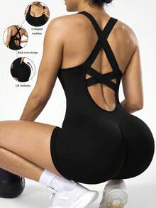 Seamluxe SHEIN Sport 女士无缝黑色瑜伽连体裤，交叉肩带设计 - 黑色 - 查看 1
