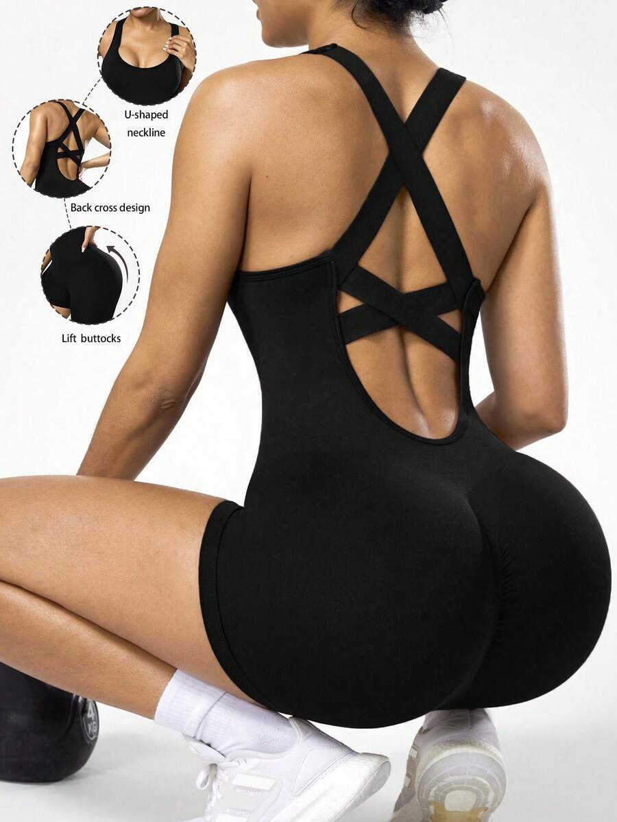 Seamluxe SHEIN Sport 女士无缝黑色瑜伽连体裤，交叉肩带设计 - 黑色 - 查看 1