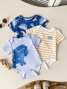 Playful Pals 3pcs/Pack Infant Cute Animal Print Envelope Collar Short Sleeve Bodysuit, Summer - Multicolor - View 6