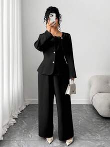 Elenzga Bộ đồ nữ cỡ lớn, quần dài dáng chữ A cài nút thắt nơ ở eo và áo khoác blazer màu đen, bộ váy áo công sở thường ngày, bộ đồ 2 mảnh cho nữ, bộ đồ nữ thanh lịch, bộ quần áo nữ sang trọng - màu đen - Xem 4