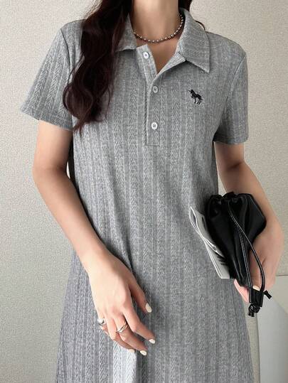 FRIFUL 女士Polo领纹理面料刺绣撞色装饰直筒长裙 夏季