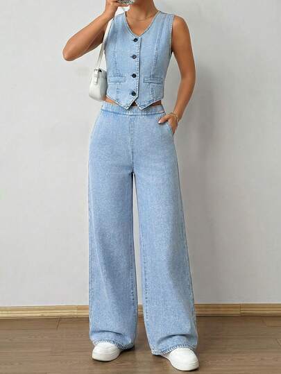 SHEIN Set de 2 piezas para adolescentes: Chaleco corto sin mangas de mezclilla azul y pantalones de corte holgado