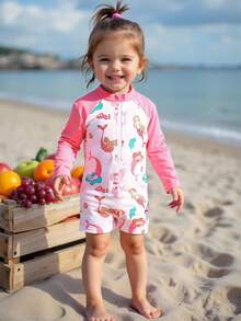 女婴/女童新款长袖连体泳衣，随机印花 - 粉色 - 查看 5