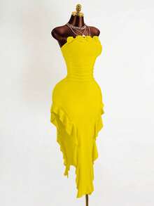 Mistrie Women's 3D Floral Asymmetrical Hem Dress - Yellow - View 4