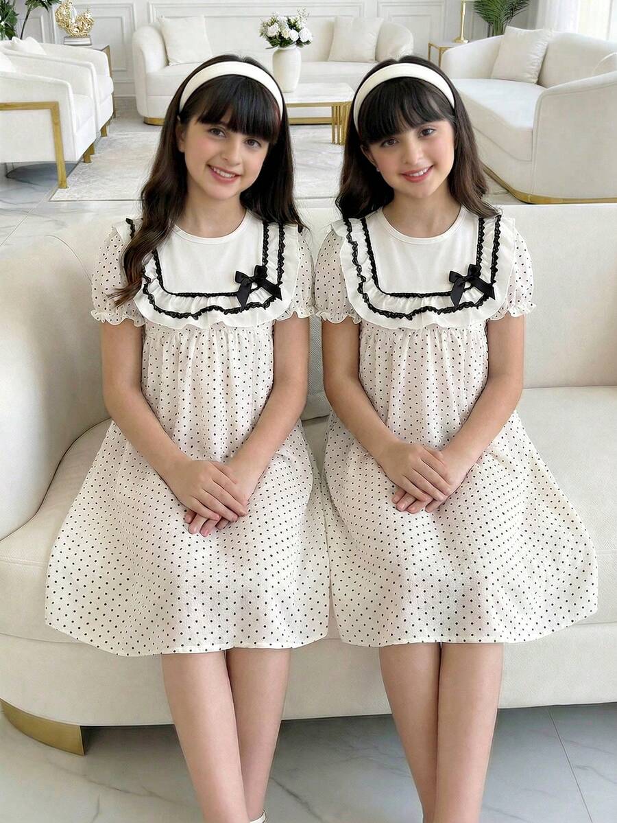 Elladie kids Girls' Round Neck Ruffle Trim Puff Sleeve Polka Dot Print Casual Dress, Elegant And Versatile For Vacation, Daily Wear - Black and White - View 1