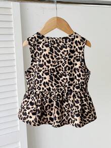 Young Girls Leopard Print Camisole Top With Ruffle Hem, Versatile Casual Everyday Fashionable Outfit For Outings And Photo Shoots - Coffee Brown - View 2