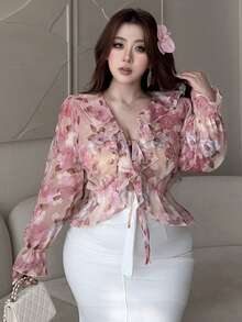 Vibekara 法式碎花长袖雪纺衬衫，宽松荷叶边V领甜美衬衫，春夏款 - 粉色 - 查看 4