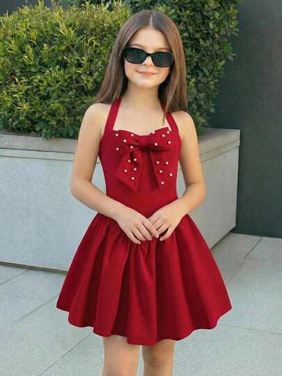 SHEIN Tween Girls Halter Elegant Fitted 3D Beaded Bow Decor Knit Waist Dress, Formal Party Holiday Wedding Ceremony Graceful Valentine's Day