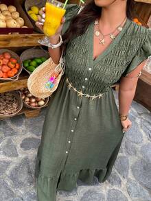 SHEIN LUNE Plus Size V-Neck A-Line Ruffle Sleeve Casual Vacation Dress, Spring/Summer - Army Green - View 5
