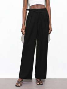 Maija 2025秋冬新款黑色腰部金属扣可调节褶皱女士西装裤，时尚优雅，适合派对和都市通勤。 - 黑色 - 查看 6