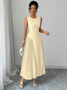Rafferiza Abito a-line plissettato senza maniche con collo alla coreana, design minimalista, adatto per primavera/estate - Giallo chiaro - Visualizzare 3