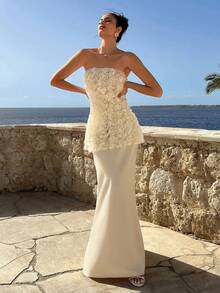 CLARA VERO Women 3D Floral Lace Bandeau Top And Mermaid Skirt 2 Pieces Set - White - View 3