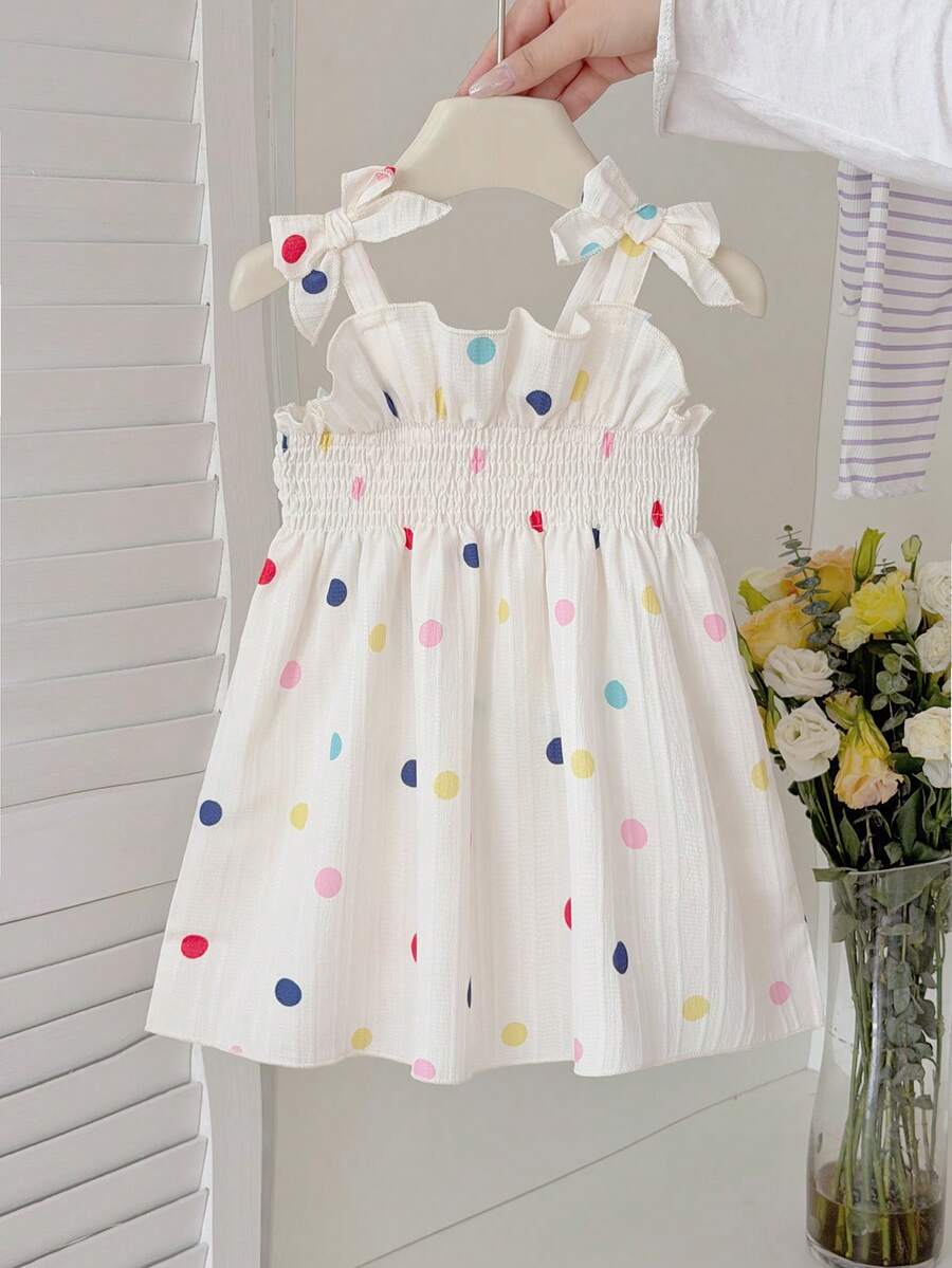 SHEIN 1pc Baby Girls' Summer Sleeveless Pleated Colorful Dress, Personalized Princess Sweet Mid-Length Dress, Suitable For Vacation And Party, Versatile - White - View 1
