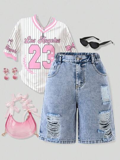 Girls' Distressed Denim Shorts, New Arrival, Light Blue Tie-Dye, Casual Street Vintage Style, Comfortable & Versatile Jeans Shorts, Suitable For Daily Casual, Vacation Wear