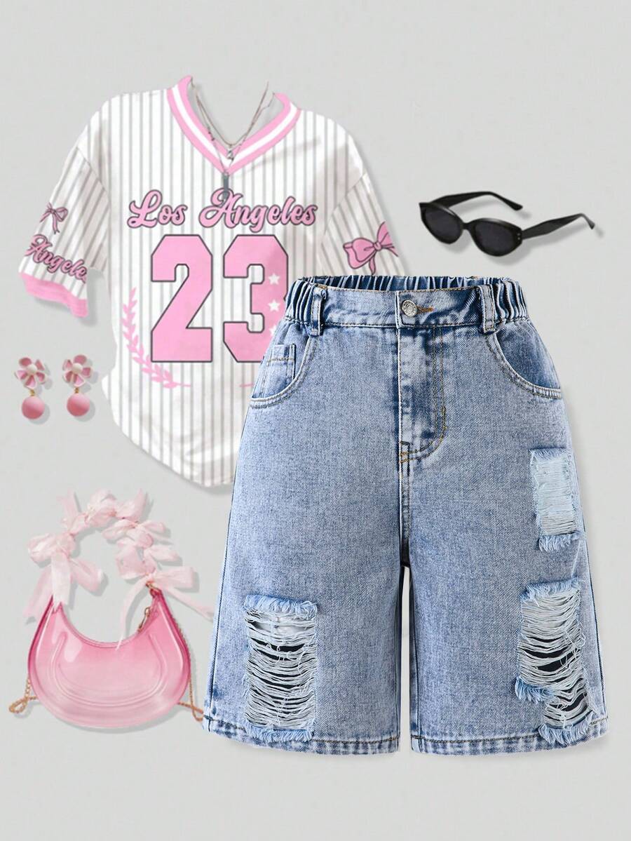 SHEIN 青少年女孩破洞牛仔短褲，新品上市，淺藍色紮染，休閒街頭復古風，舒適百搭牛仔短褲，適合日常休閒、度假穿著 Y2k 破洞牛仔短褲，夏季時尚，完美適合夏季度假和音樂節。