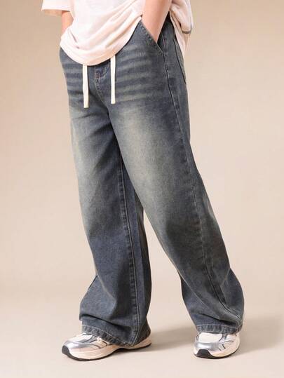 SUMWON Pantalones vaqueros de pierna ancha con lavado vintage y cintura con cordón para niños, de corte relajado y estilo casual de calle