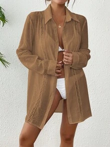 Swim Vcay 女士纯色简约长袖和服罩衫，日常穿着 - 棕色 - 查看 3