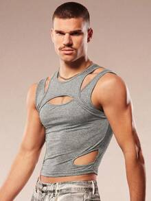 FeverCity Áo tank top nam trơn màu, kiểu dáng tối giản, không tay, phong cách thường ngày. - Màu Xám nhạt - Xem 7