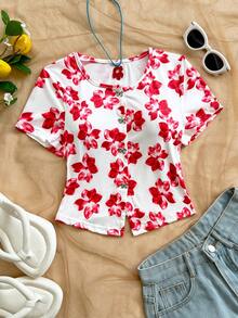 Soleia Women's Vacation Apricot & White Textured Knit Round Neck Cardigan With Delicate Bow & Metal Button, Fitted Hem Slit T-Shirt, Suitable For Holiday, Date, Afternoon Tea, Beach, Cruise, City Trip, Music Festival, Boho Vacation - Multicolor - View 6