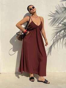 Dazy Plus 大码纯色吊带无袖优雅简约夏季睡裙邮轮装女式连衣裙 - 酒紅色 - 查看 6