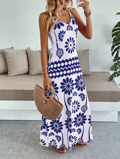 Breezaya Women's Floral Print Casual Vacation Bohemian Style Maxi Cami Dress