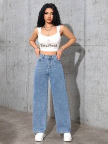 SHEIN PETITE 淺藍色休閒街頭風直筒寬鬆百搭牛仔褲，適合夏季日常場合，小個女款 - 淺色水洗藍 - 查看 4