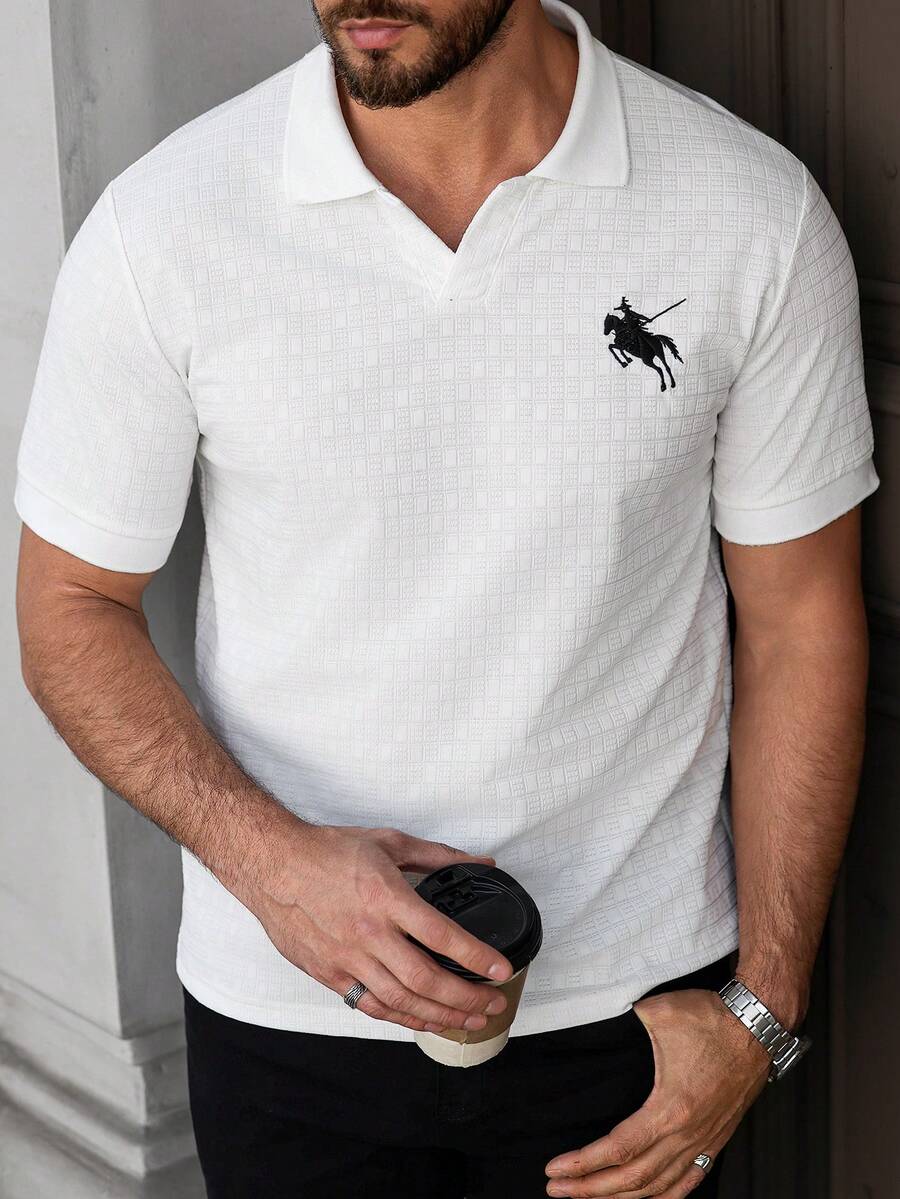 Manfinity Homme 男士骑士印花短袖Polo衫，适合通勤和日常穿着，夏季款 - 白色 - 查看 1
