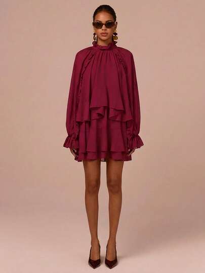 COSMINA 2pcs Women's Elegant Sheer Ruffle Hem Mini Dress Set, Suitable For Dates, Commuting, Parties, Wedding Guests, All Seasons