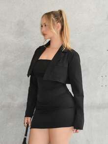 Arliah 2 件套：优雅修身西装外套和露肩连衣裙，适合通勤、秋冬 - 黑色 - 查看 4