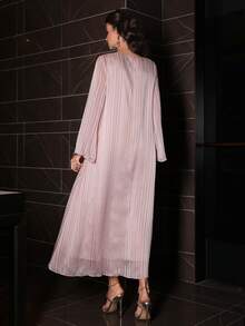 Layrah Women's Spring/Summer Pink Woven Jacquard Long Sleeve Embroidered Sequin Collar Floral Shell Tape Elegant Romantic Turkish Abaya & Arabic Traditional Maxi Dress - Pink - View 2