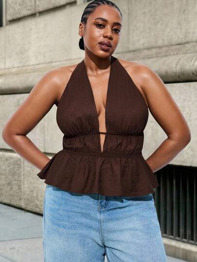 Maija Camisetas de tirantes finos con cuello en V profundo y espalda descubierta en unicolor, sexy, para mujer de talla grande. Camisetas de verano de color marrón con pliegues