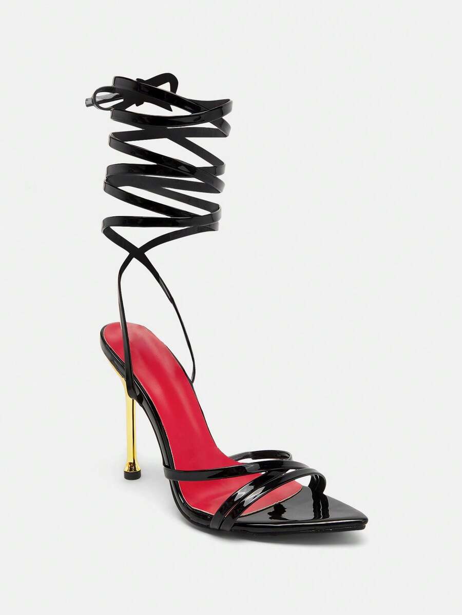 Glitzique 女士银色凉鞋，2025年夏季新款时尚性感派对俱乐部舞者T台风格系带黑色舒适女士凉鞋 - 黑色 - 查看 1