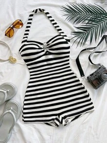 Soleia Mono de verano con detalles de anillo y tirantes para mujer - Blanco y Negro - Ver 1