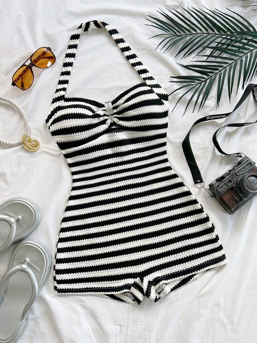 Soleia Mono de verano con detalles de anillo y tirantes para mujer - Blanco y Negro - Ver 1