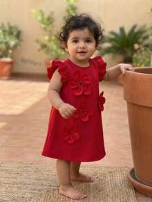 SHEIN Baby Girls Red 3D Floral Ruffle Hem Loose Dress - Red - View 1