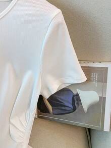 GlowEve Women's White Knitted Ribbed Twist Collar Short Sleeve Side Ruched Hem Slit Summer New Fashionable Commuter Versatile Elegant Daily T-Shirt - White - View 5