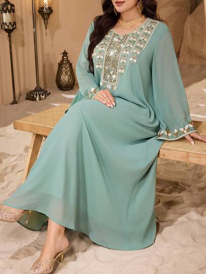 Al Najma Women's Elegant Chiffon Long Sleeve Plus Size Arabic Style Dress