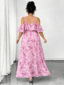SHEIN Elenzya Đầm maxi không tay dáng xòe bất đối xứng in hoa, xếp nếp, hở vai, cỡ lớn, thanh lịch và lãng mạn cho kỳ nghỉ, mùa xuân/hè. - Hồng - Xem 2