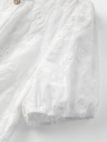 Linhara 女士春夏白色提花泡泡袖衬衫，侧边系带腰身设计，适合下午茶、野餐和约会。 - 白色 - 查看 6