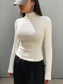 DAZY 女士休闲纯色立领保暖内衬 T 恤，秋冬长袖女上衣，秋季女装 - 米色 - 查看 4