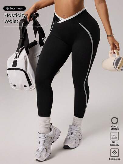 SHEIN Dewbera Cropped Criss-Cross Waist Sports Leggings For Women, Seamless White Striped Fashionable Yoga Pants, Running & Fitness Tights