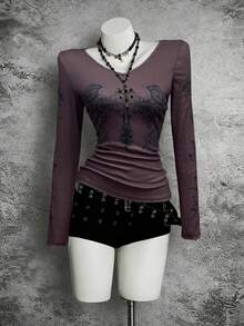 StreetHx 十字印花V领薄款长袖T恤，朋克风格 - 紫紅色 - 查看 5