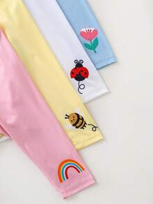 SHEIN Playful Pals 4pcs/Set Baby Girls' Cute Ribbed Colorful Rainbow, Ladybug, Bee, Flower Print Leggings, Spring/Autumn Long Pants For Baby Girl - Multicolor - View 5