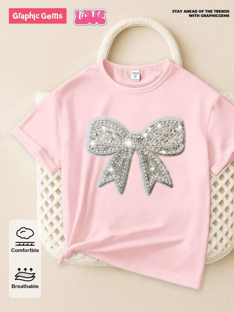 SHEIN 春夏休闲时尚创意个性清新别致简约闪亮白色蝴蝶结装饰图案印花宽松基础款粉色短款T恤,舒适日常穿着,温暖的夏秋风格,适合春、夏、秋季穿着,少女款 - 粉色 - 查看 1