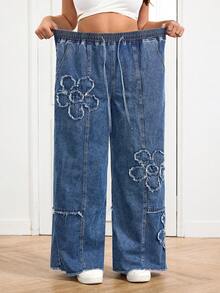 SHEIN CURVE+ Plus Size Women Drawstring Waist Pockets Floral Patch Casual Versatile Daily Wear Wide Leg Jeans - Blue - View 8
