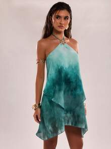 SHEIN BAE Đầm hè thời trang nữ hở lưng, cổ yếm, không tay, phối màu tương phản - màu xanh lá - Xem 2