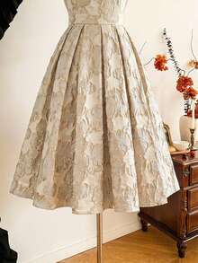 Vintamour Đầm Jacquard hoa văn cổ điển thanh lịch dành cho nữ, đầm dự tiệc lễ hội, đầm dài dự tiệc cho nữ, quần áo mùa thu cho nữ, quần áo mùa đông cho nữ, đầm Giáng sinh mùa đông cho nữ, quần áo mùa thu cho nữ, quần áo Halloween cho nữ, quần áo Giáng sinh cho nữ, đầm dự tiệc Giáng sinh, đầm năm mới, trang phục Lễ Tạ ơn cho nữ, đầm thanh lịch dự tiệc - Màu be - Xem 7