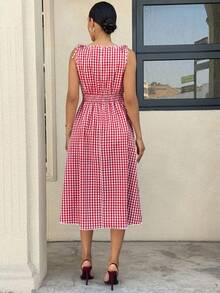 MaterniWear Maternity Plaid Minimalist Sleeveless Casual Dress - Pink - View 2