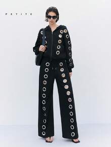 PETITE 2026 New Arrive Minimalism Spring/Summer Women's Black Y2K Casual Metal Eyelet Drawstring Waist Wide Leg Sweatpants Summer Spring Break Outfits Carnival Costumes Partywear For Going Out Outfits - Black - View 6