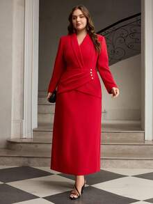 ZEYLAH Elegant Waist Cinched Fitted Long Dress With Suit Collar - Red - View 6